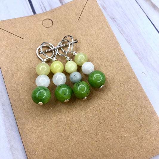 Semi-precious gemstones 4-pcs Stitch Markers -  Chartreuse White Green